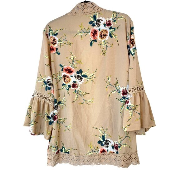 New Floral Beige Kimono Cardigan Lace Trim & 3/4 Bell Sleeves M RC10148 Open - Picture 9 of 10